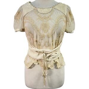 Leifsdottir Cream Cotton/Nylon Lace Mesh Waist Tie Top Women’s Size 2 Preowned